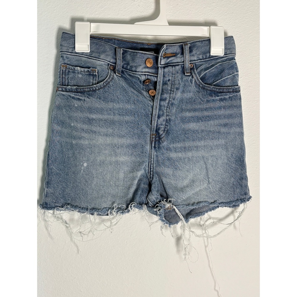 Express Super High Rise Rigid Denim Shorts Medium Wash Raw Hem Size 4 3" Inseam